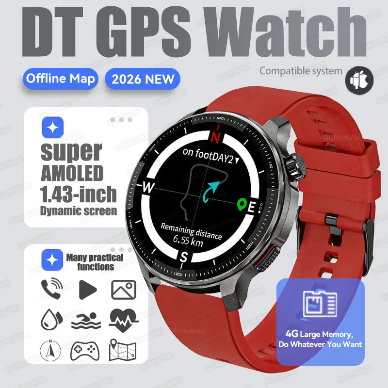 2026New GPS Global Maps Smart Watch Men 4GB Storage TWS Music &Video Player HD Display Voice Call Sport Swim Waterproof Bracelet