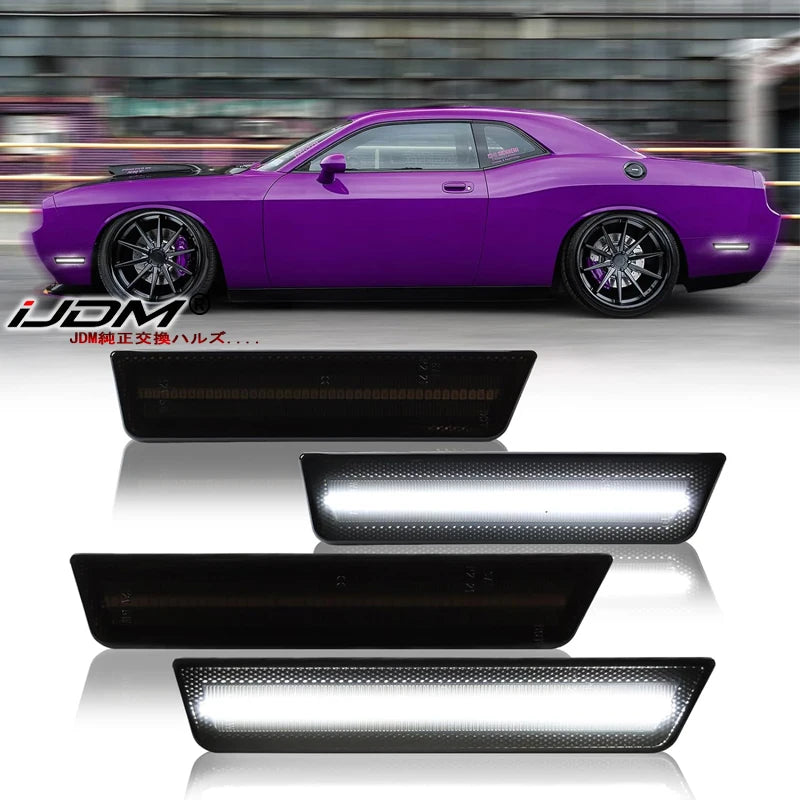 For Dodge Challenger 2008-2014 Clear & Smoked Lens LED Side Marker Lights Dual Row Amber Front Red Rear Side Fender Reflector
