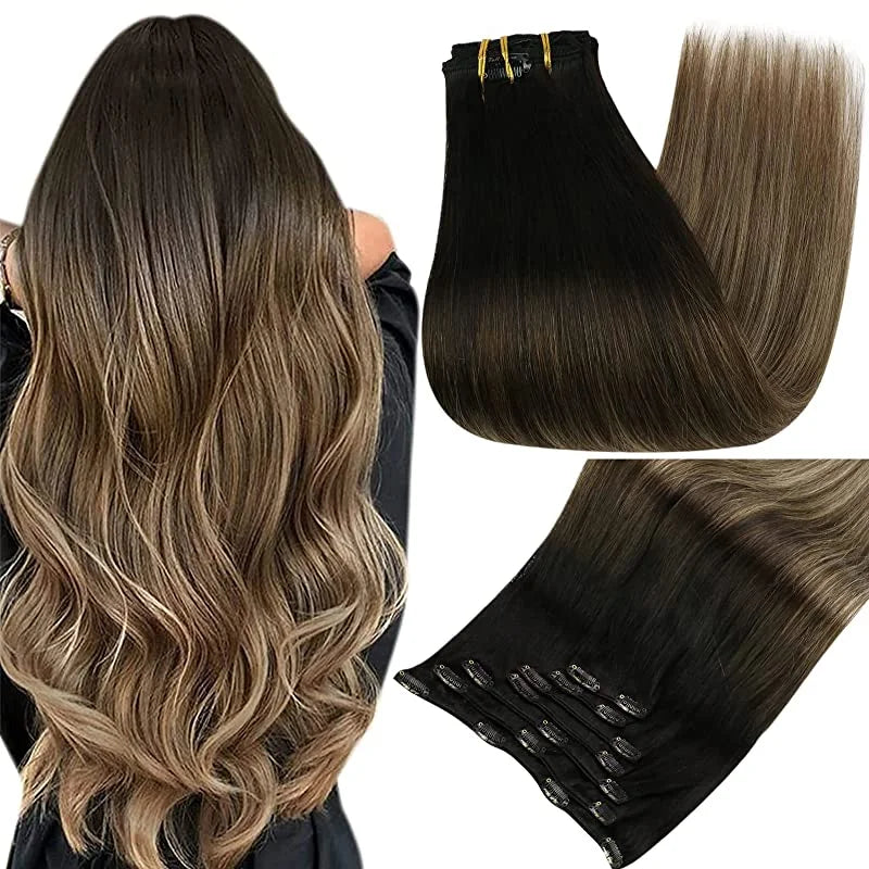Full Shine Clip-In Human Hair Extensions Remy Double Weft 7pcs 105g Jet Black 12-24in