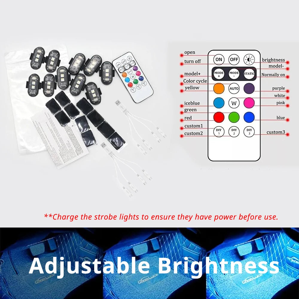 RGB LED Strobe Footwell Light Kit with Remote Control, Rechargeable, 2-10 Lights Set