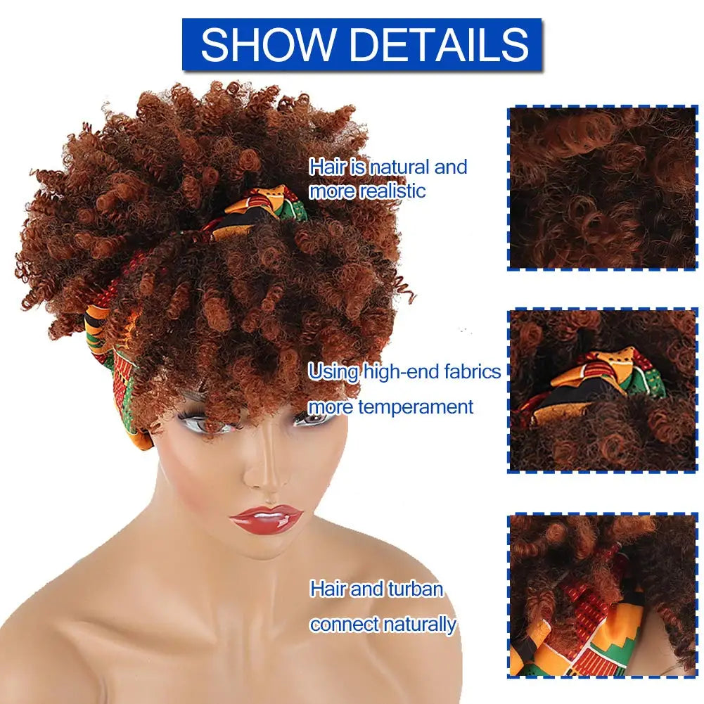 Curly Wigs for Black Women,Headband Wigs with Bangs Wrap Wig 2 in 1 Synthetic Short Afro Kinky Curly Wig with Headband Attached