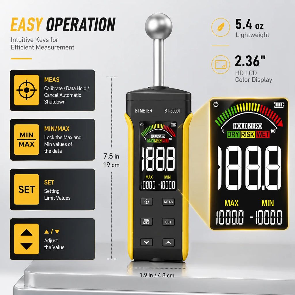 BTMETER Wood Moisture Meter - Pinless Moisture Detector Measur Depth 20-40mm Non-Destructive Moisture Tester with Masonry