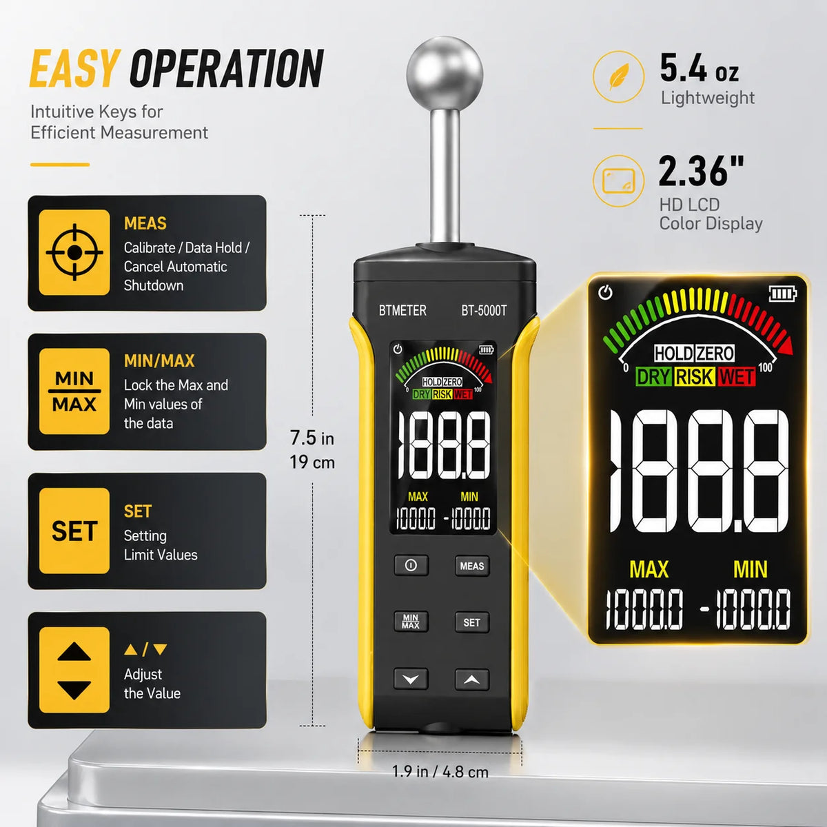 BTMETER Wood Moisture Meter - Pinless Moisture Detector Measur Depth 20-40mm Non-Destructive Moisture Tester with Masonry