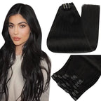 Full Shine Clip-In Human Hair Extensions Remy Double Weft 7pcs 105g Jet Black 12-24in