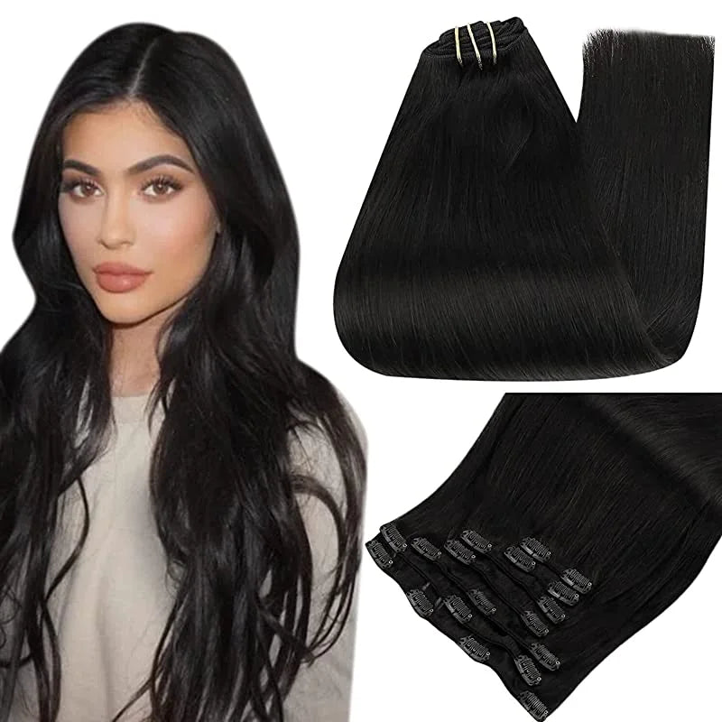 Full Shine Clip-In Human Hair Extensions Remy Double Weft 7pcs 105g Jet Black 12-24in