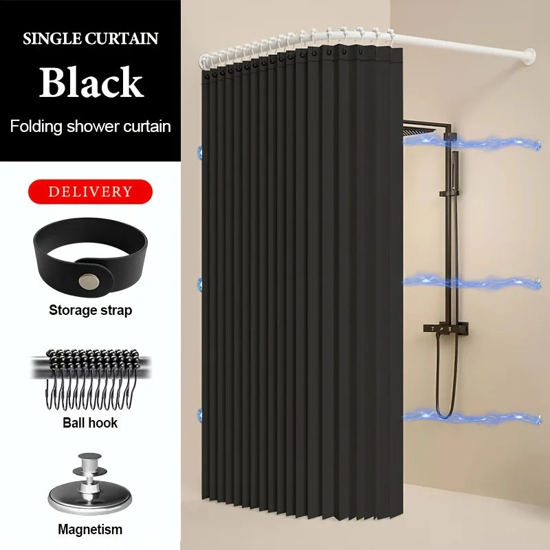 Magnetic Shower Curtain Waterproof Foldable Bathroom Divider, Beige/Gray/White/Black Sizes