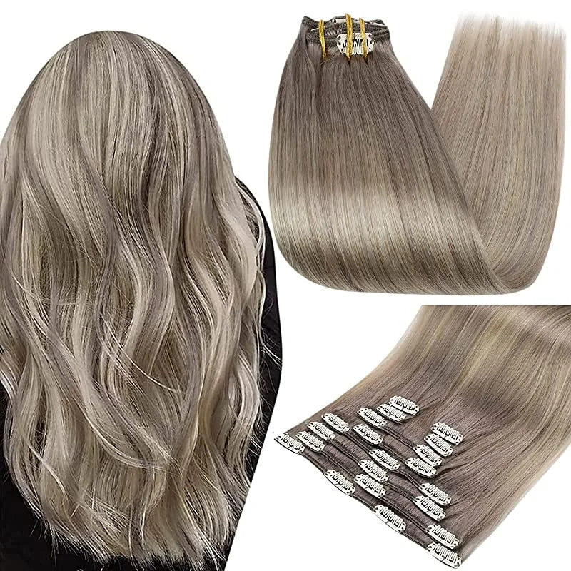 Full Shine Clip-In Human Hair Extensions Remy Double Weft 7pcs 105g Jet Black 12-24in