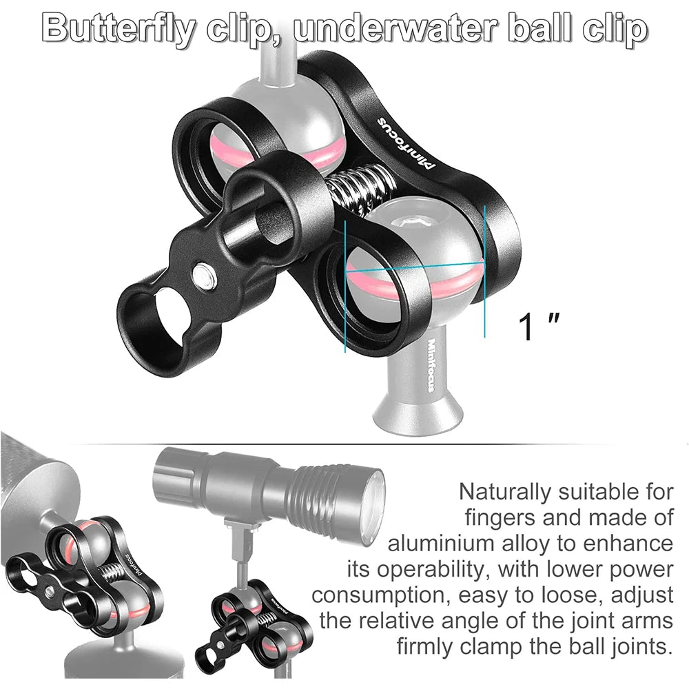 1'' Aluminum Ball Clamp Mount for Underwater Diving Light Arms Tray System, Photography Diving Camera, 360° Clip Adapter Bracket
