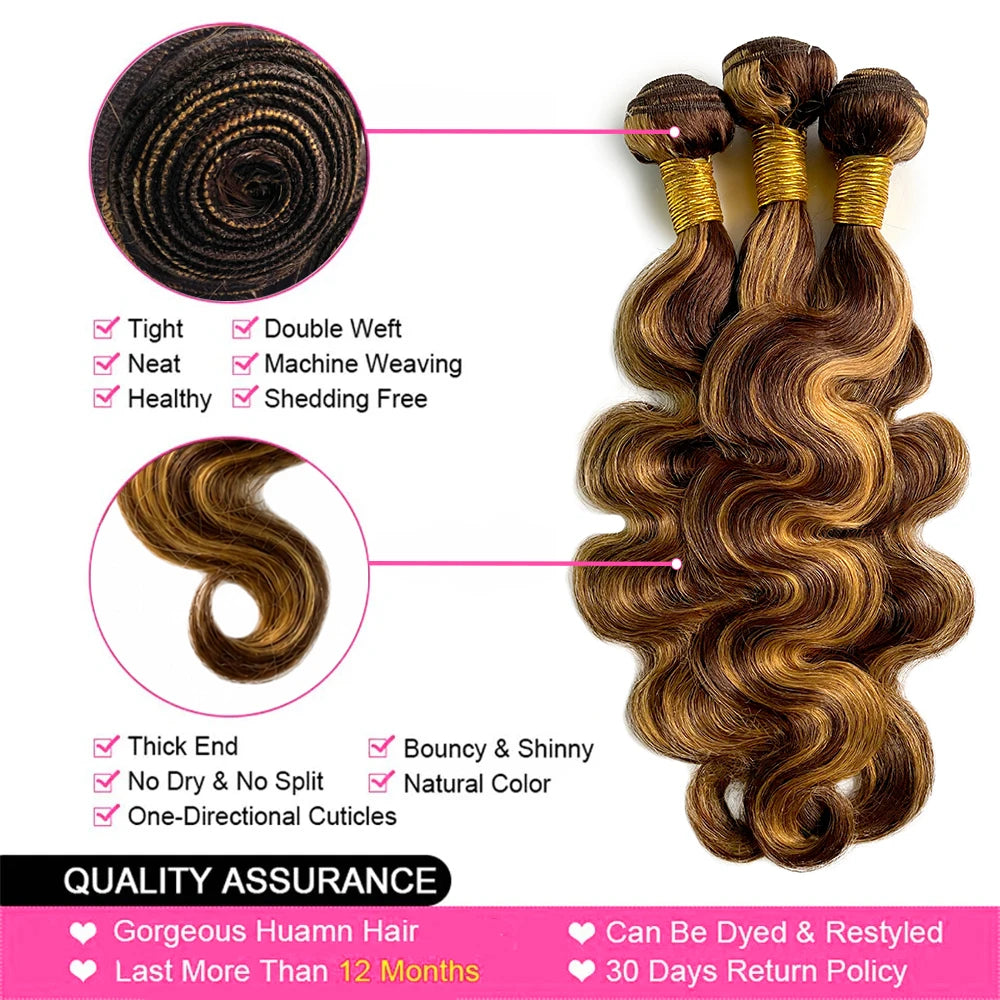 Body Wave Remy Human Hair Weave Bundles 4/27 Highlight Ombre Honey Brown, 1pc or 3pcs