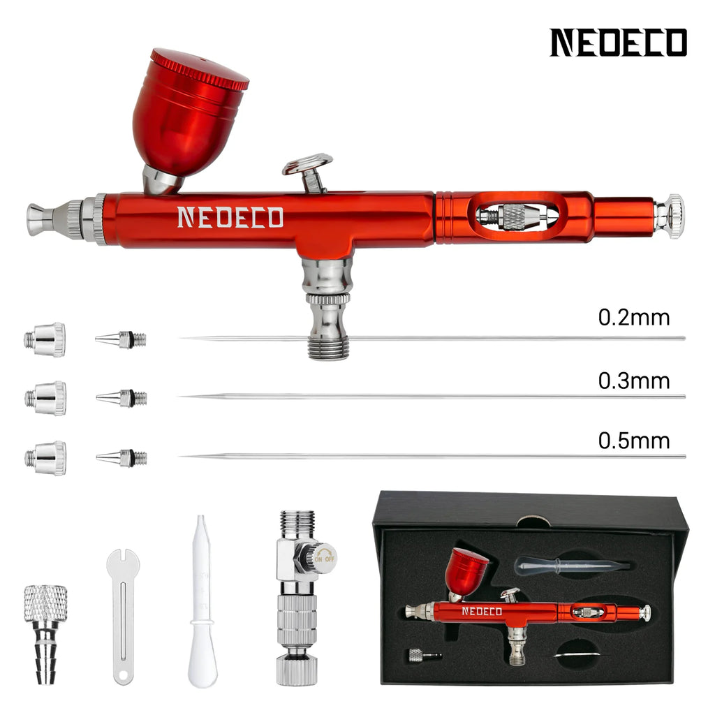 Neoeco Dual-Action Gravity Feed Airbrush Gun Kit, 3 Nozzle Sets, Aluminum