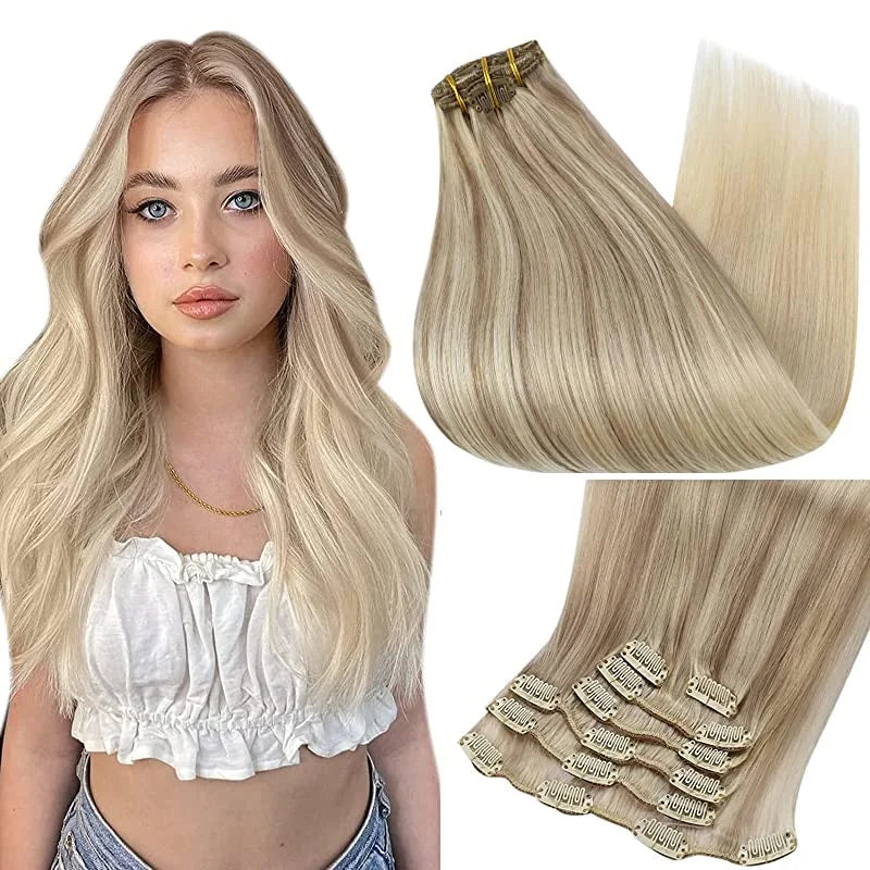Full Shine Clip-In Human Hair Extensions Remy Double Weft 7pcs 105g Jet Black 12-24in