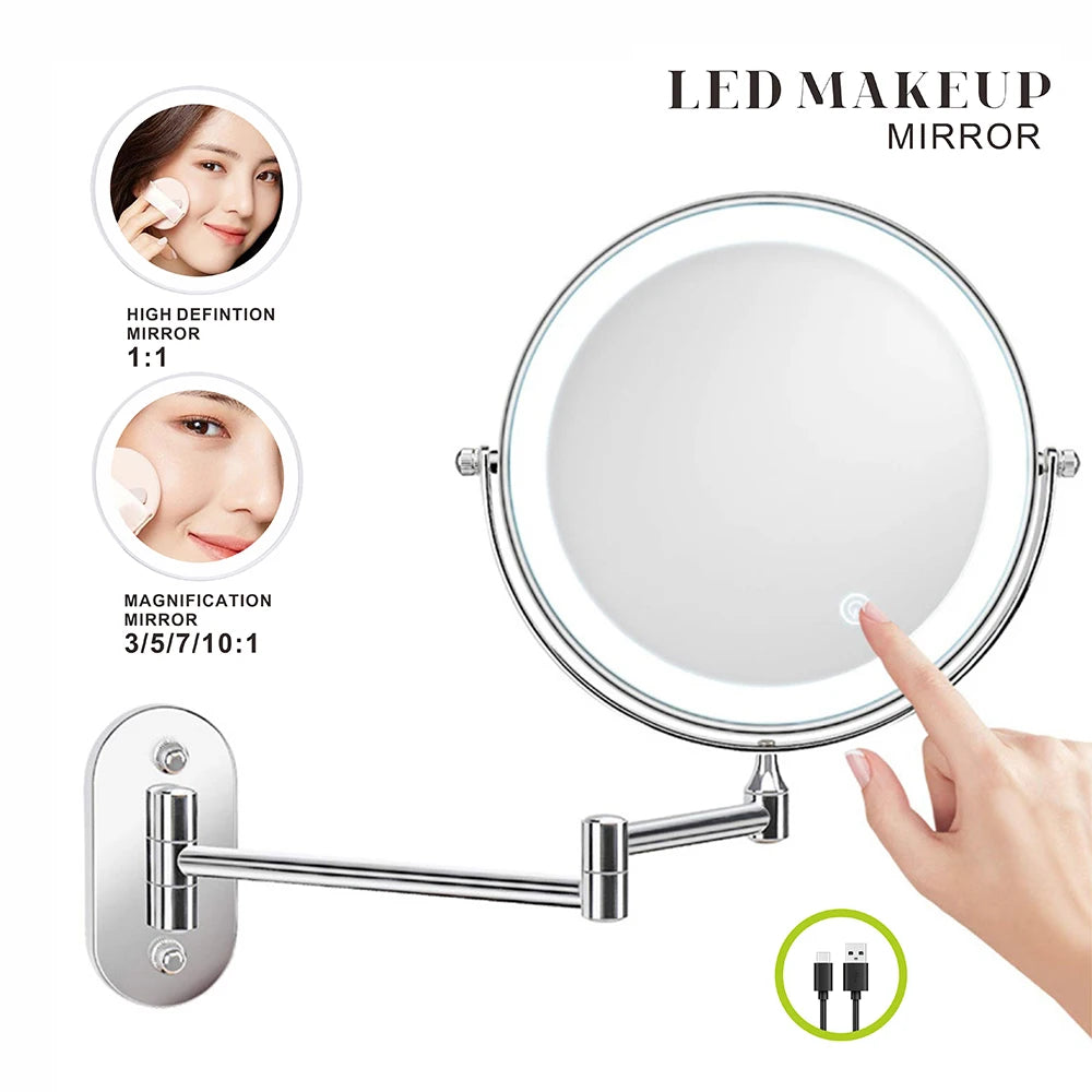 8 inch Makeup Mirror Chrome 3x/5x/7x/10x Magnifying Double Side USB Charging Bathroom 3 color light Smart Cosmetic Mirrors