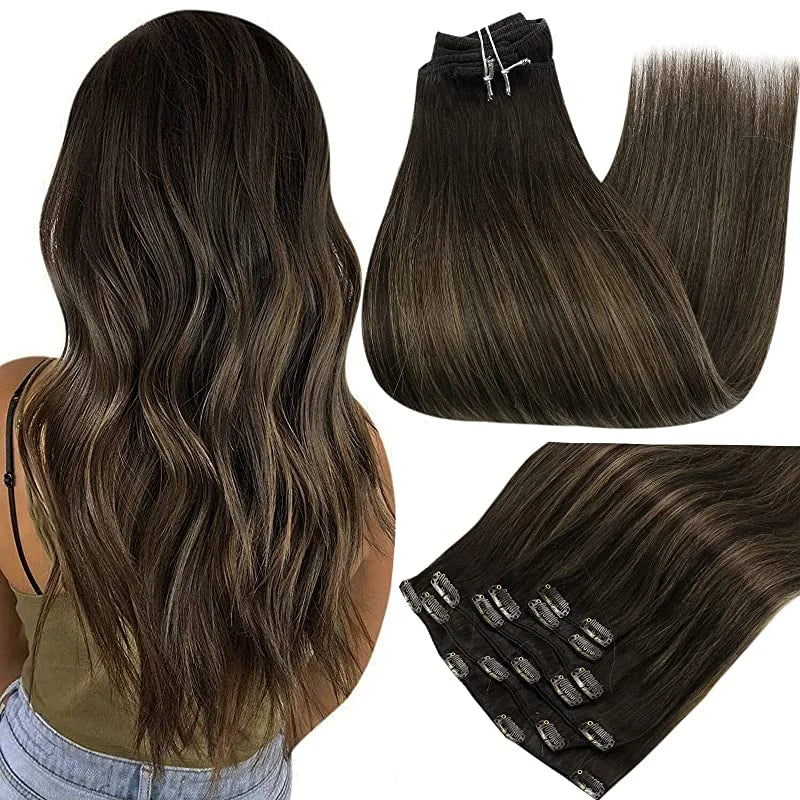 Full Shine Clip-In Human Hair Extensions Remy Double Weft 7pcs 105g Jet Black 12-24in