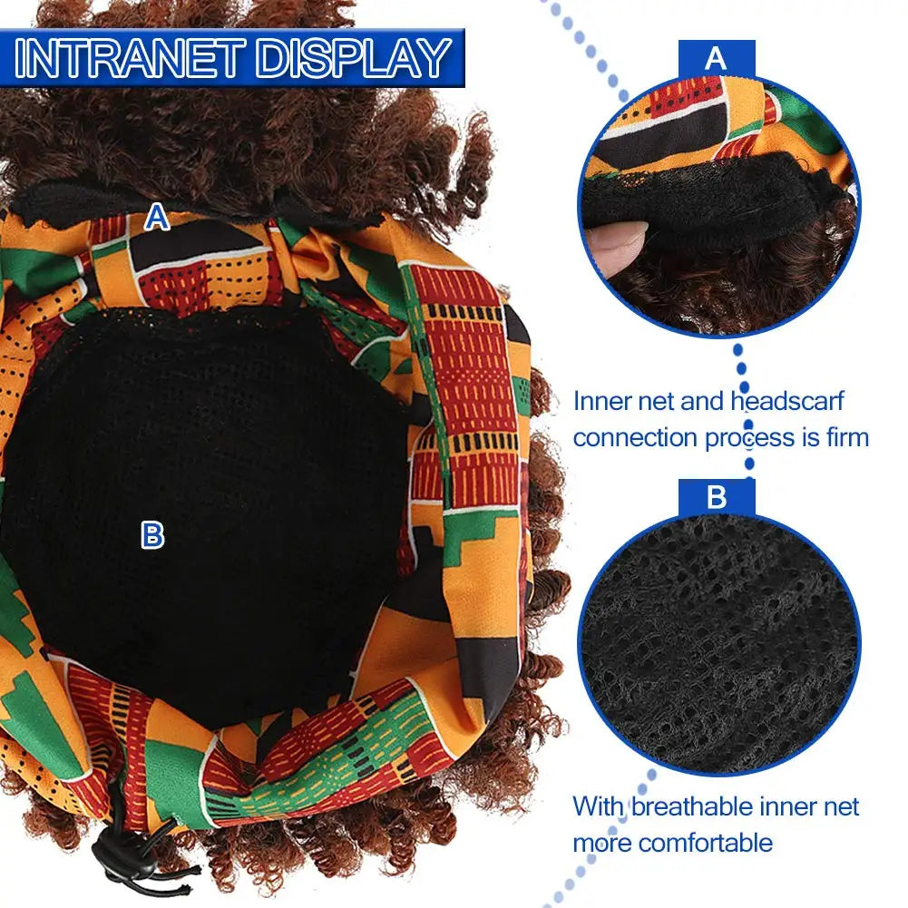 Curly Wigs for Black Women,Headband Wigs with Bangs Wrap Wig 2 in 1 Synthetic Short Afro Kinky Curly Wig with Headband Attached