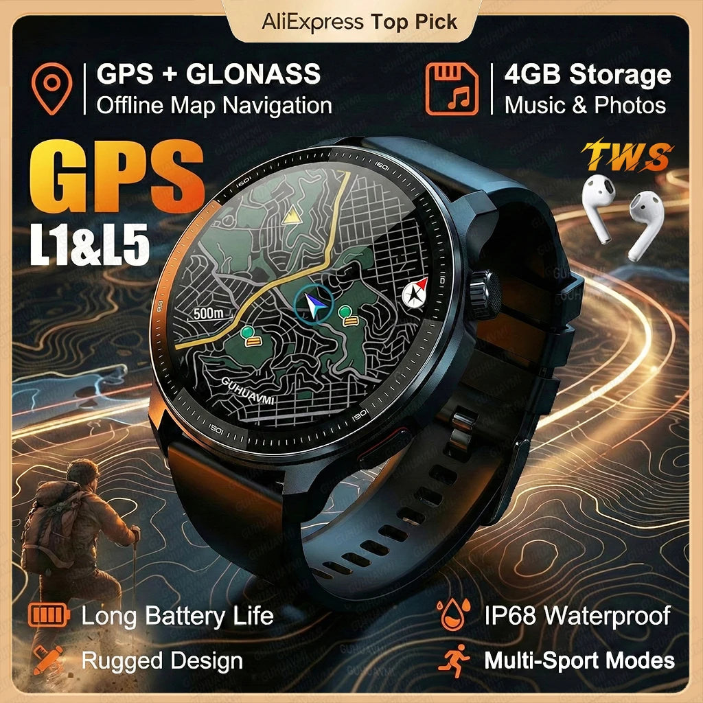 2026New GPS Global Maps Smart Watch Men 4GB Storage TWS Music &Video Player HD Display Voice Call Sport Swim Waterproof Bracelet