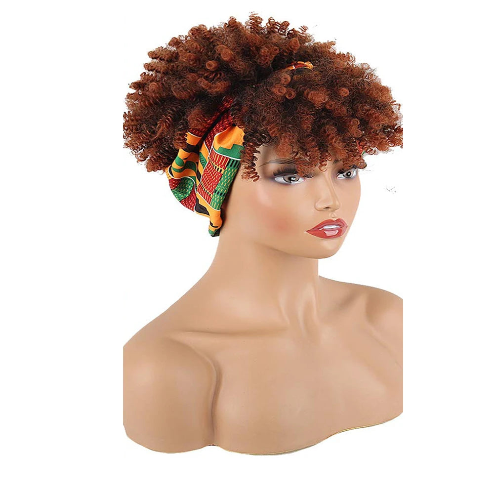 Curly Wigs for Black Women,Headband Wigs with Bangs Wrap Wig 2 in 1 Synthetic Short Afro Kinky Curly Wig with Headband Attached