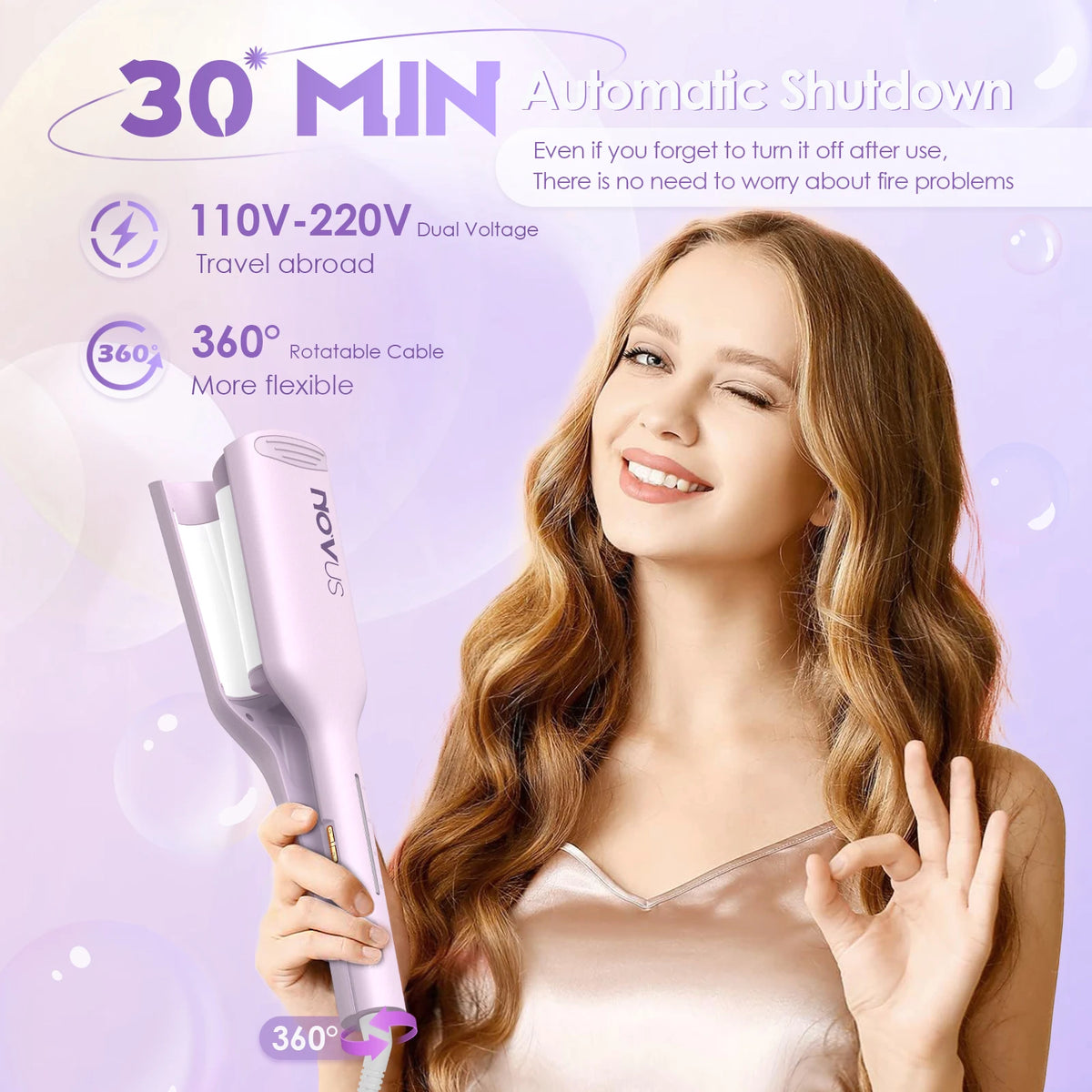 1.25 Inch Hair Waver Curling Iron, Anti-Scald Ionic Deep Wave Crimper, Purple