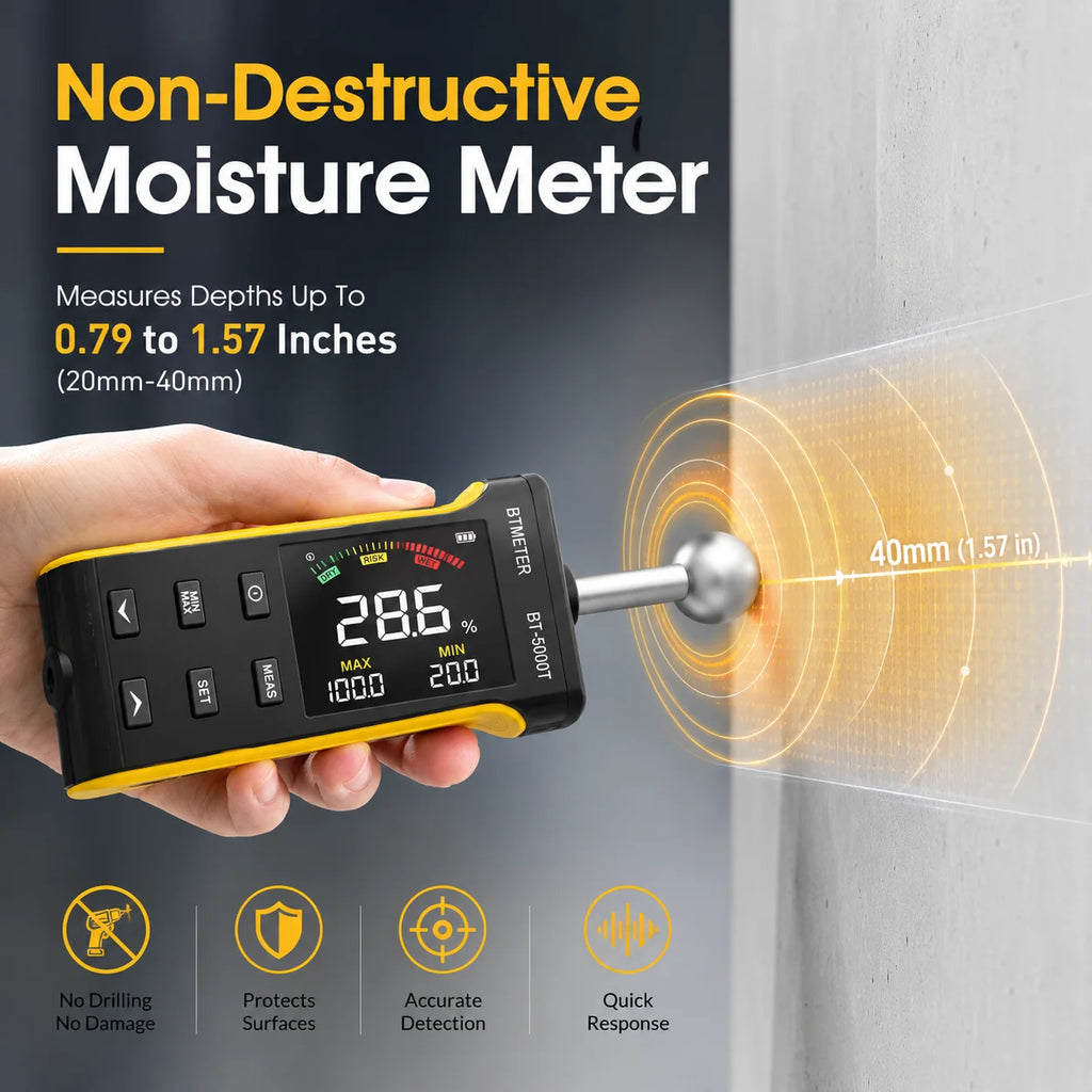 BTMETER Wood Moisture Meter - Pinless Moisture Detector Measur Depth 20-40mm Non-Destructive Moisture Tester with Masonry