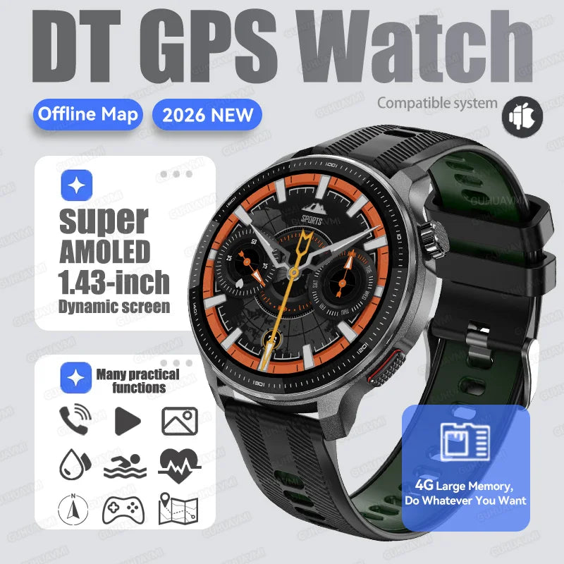 2026New GPS Global Maps Smart Watch Men 4GB Storage TWS Music &Video Player HD Display Voice Call Sport Swim Waterproof Bracelet