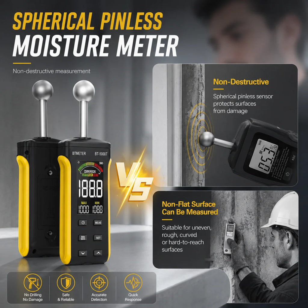 BTMETER Wood Moisture Meter - Pinless Moisture Detector Measur Depth 20-40mm Non-Destructive Moisture Tester with Masonry