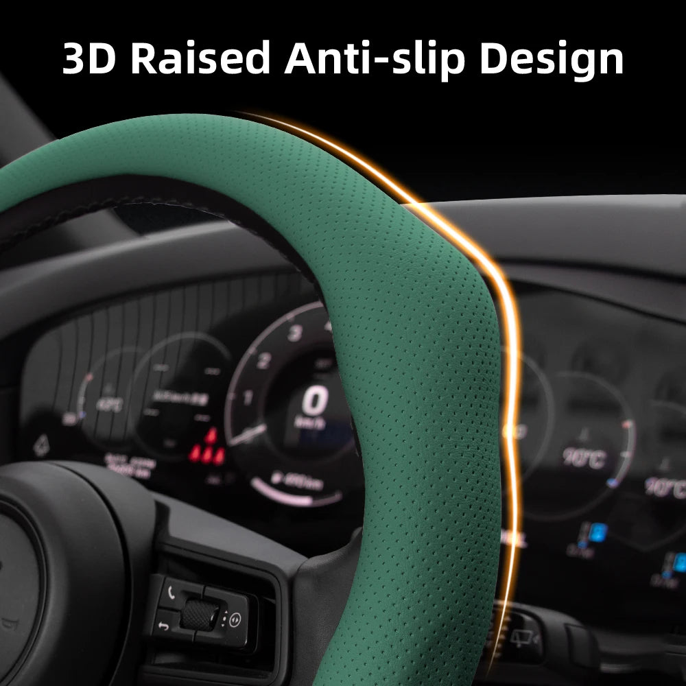 Suitable for Tesla Perforated Leather Steering Wheel Cover, Non-Slip, Sweat-Absorbent, Breathable, Integrated Snap-On Protective Case for Model 3 Y S X and Other Models, Available in Black, Orange, Red, White, Green