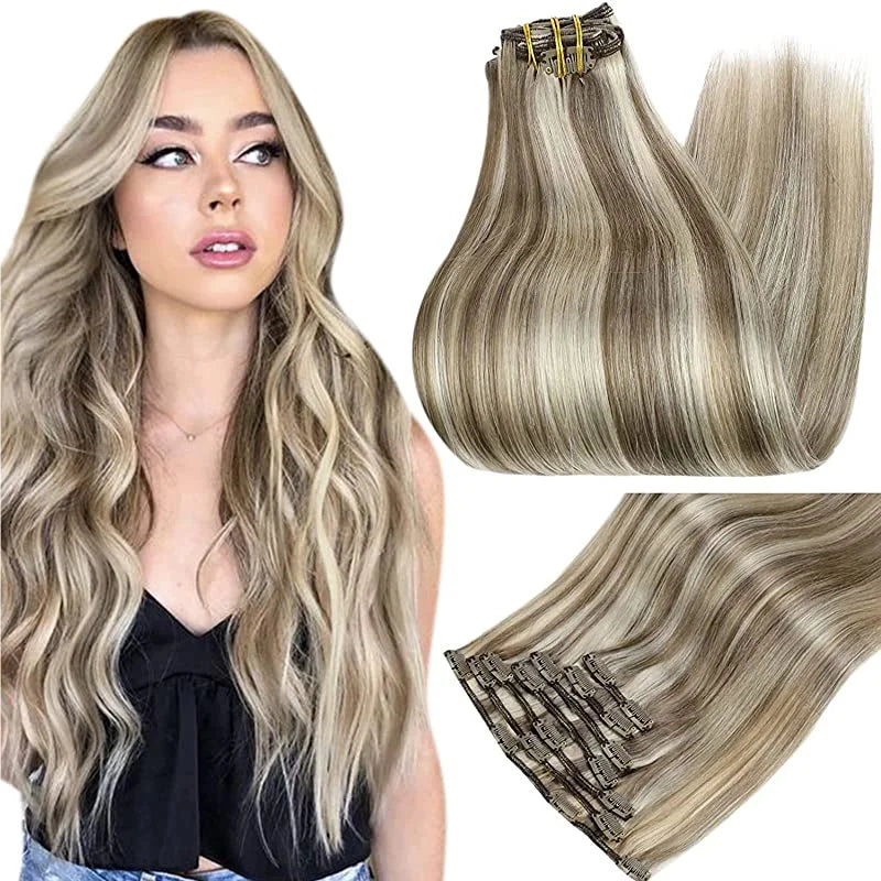 Full Shine Clip-In Human Hair Extensions Remy Double Weft 7pcs 105g Jet Black 12-24in