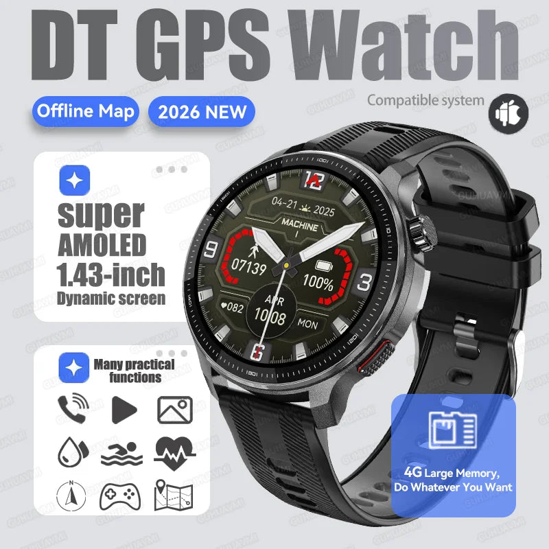 2026New GPS Global Maps Smart Watch Men 4GB Storage TWS Music &Video Player HD Display Voice Call Sport Swim Waterproof Bracelet