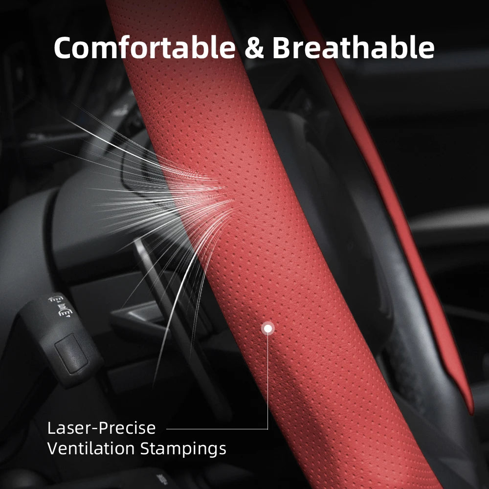 Suitable for Tesla Perforated Leather Steering Wheel Cover, Non-Slip, Sweat-Absorbent, Breathable, Integrated Snap-On Protective Case for Model 3 Y S X and Other Models, Available in Black, Orange, Red, White, Green