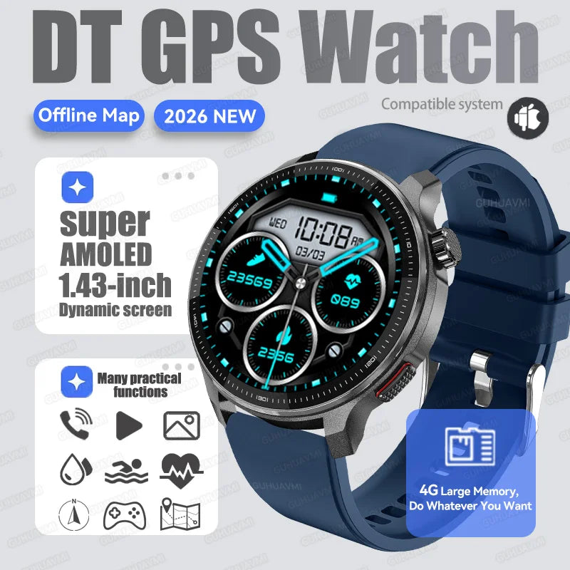 2026New GPS Global Maps Smart Watch Men 4GB Storage TWS Music &Video Player HD Display Voice Call Sport Swim Waterproof Bracelet