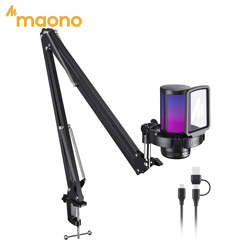 maono DGM20S Gaming USB Microphone Condenser Mic with RGB Light Noise Cancellation Boom Arm for Streaming Podcast YouTube Tiktok