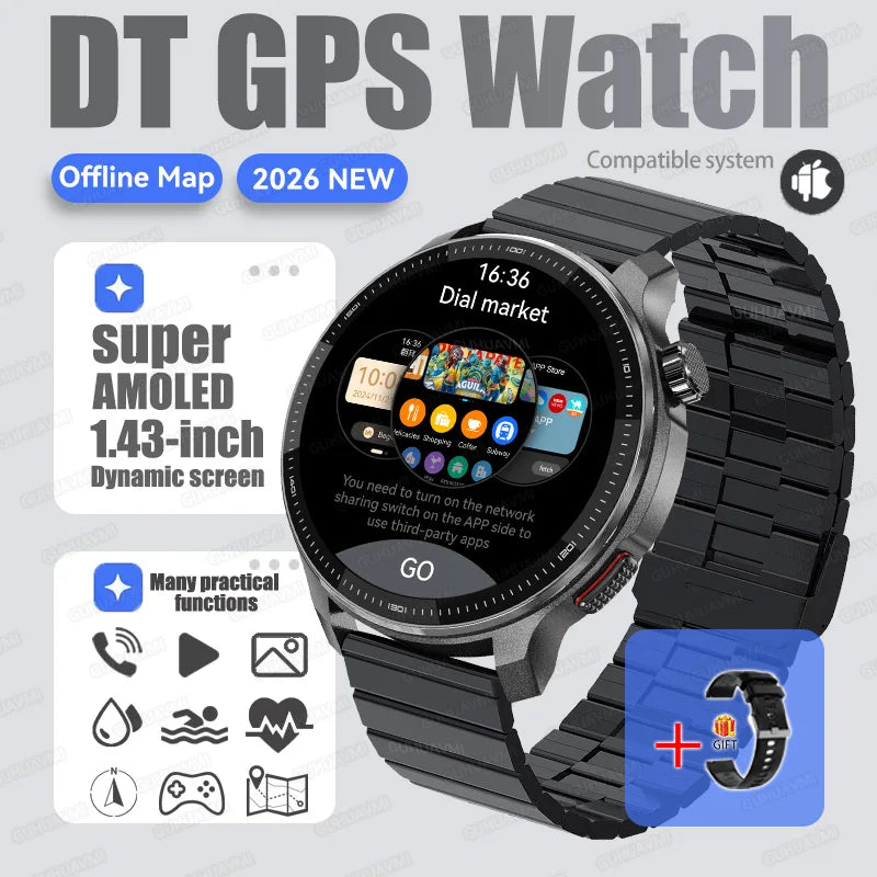 2026New GPS Global Maps Smart Watch Men 4GB Storage TWS Music &Video Player HD Display Voice Call Sport Swim Waterproof Bracelet
