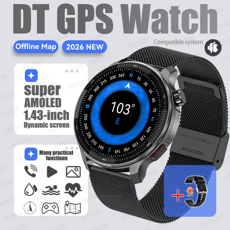 2026New GPS Global Maps Smart Watch Men 4GB Storage TWS Music &Video Player HD Display Voice Call Sport Swim Waterproof Bracelet