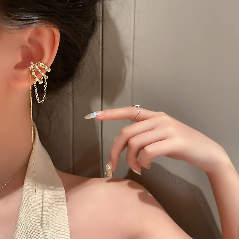 New Fashion Double Chain Pendientes Tassel Earrings Ear Clip for Women Girl Long Cuff Earring No Pierced Bohemia Gift Trend