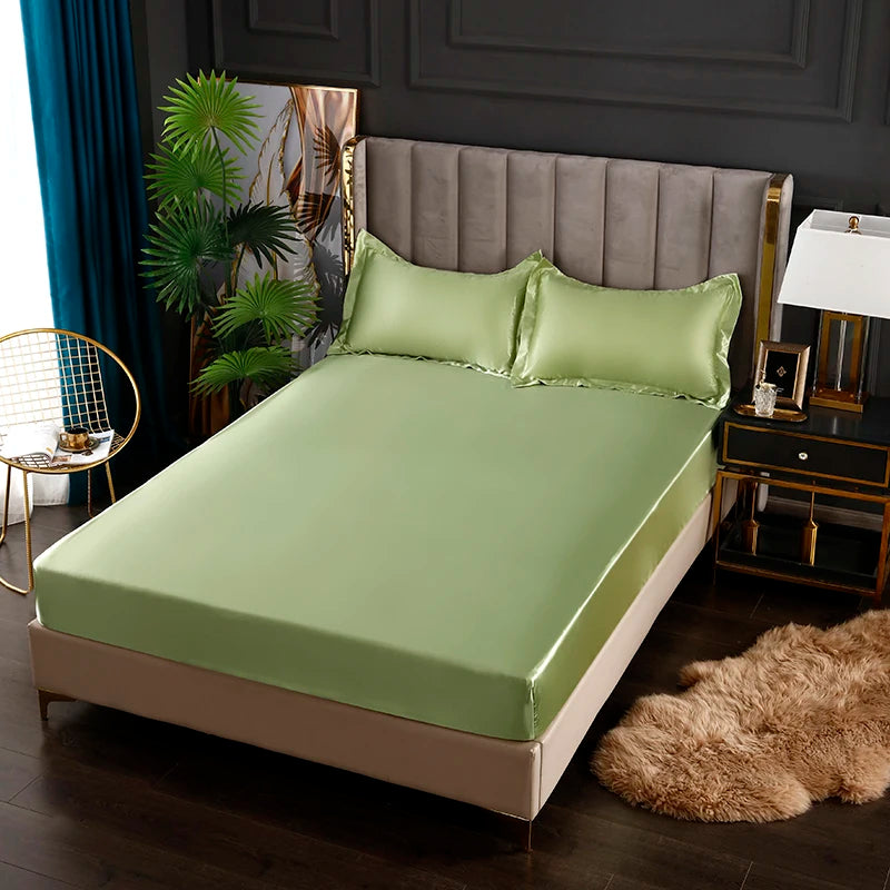 Satin Sheets Fitted Sheet Solid Color Rayon Mattress Cover Elastic Band Bed Sheet King 200x200 200x220 No Pillowcase Beddings