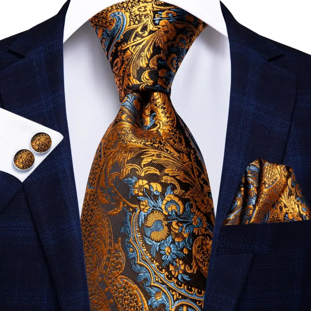 Solid Gold Yellow Ties For Men Handky Cufflinks Set Fashion Gift For Men's Tie Wedding Business Necktie Blue Black Orange Beige