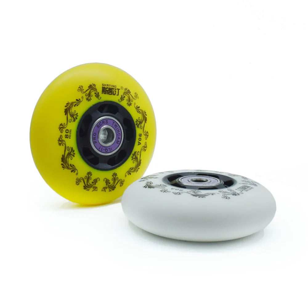 Inline skate wheels 8pcs 90A 72/76/80mm white or yellow, optional ILQ11 bearings