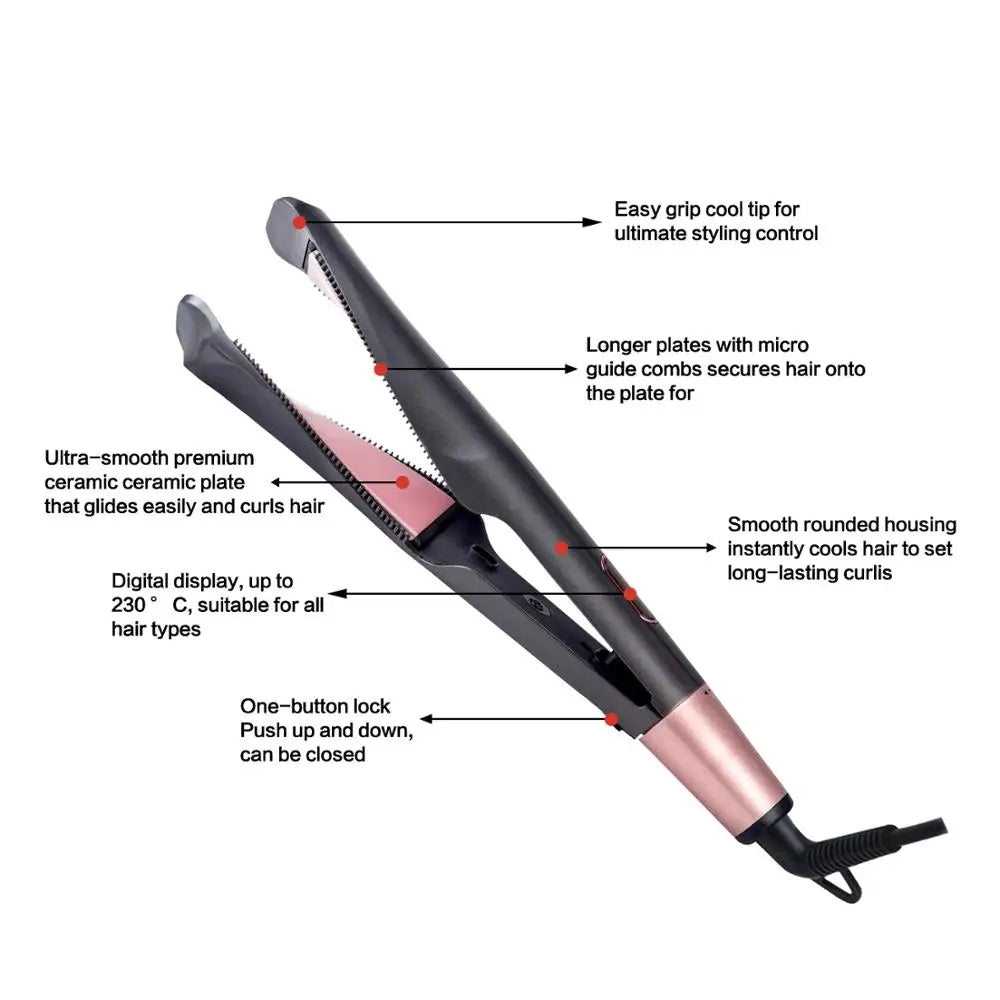 2-in-1 Hair Straightener Curler Twisted Tourmaline Ceramic Flat Iron, LCD, Black
