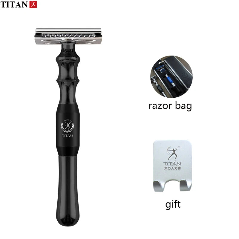 Titan Safety Razor for Men, Metal Handle, Replaceable Blade, Black/Blue/Silver