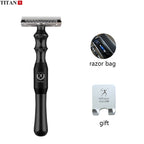 Titan Safety Razor for Men, Metal Handle, Replaceable Blade, Black/Blue/Silver