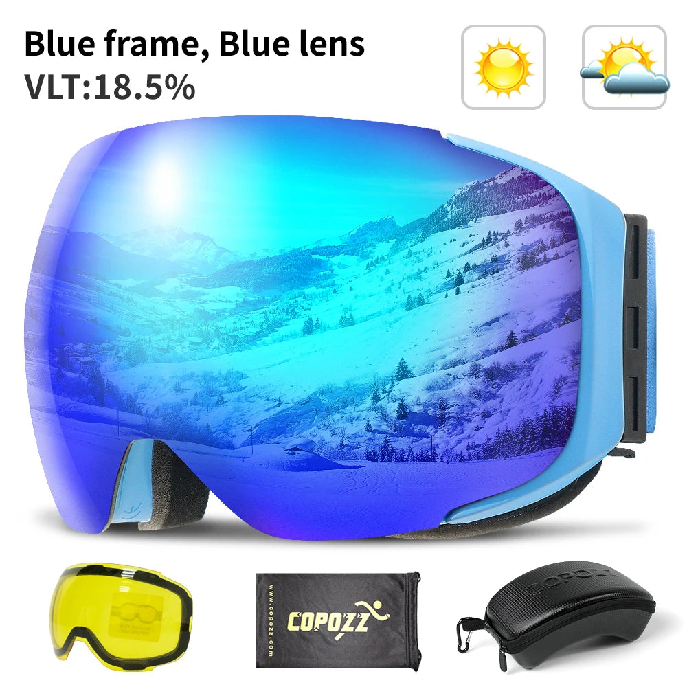 COPOZZ Magnetic Ski Goggles with Quick-Change Lens and Case Set 100% UV400 Protection Anti-fog Snowboard Goggles for Men & Women