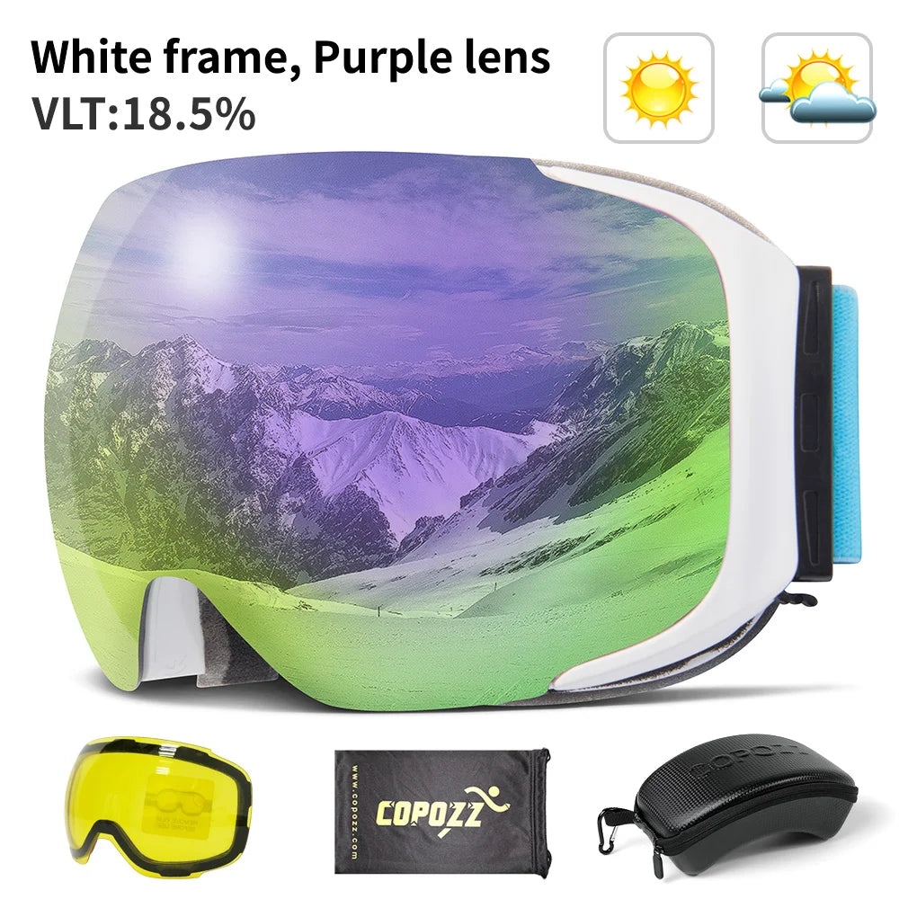 COPOZZ Magnetic Ski Goggles with Quick-Change Lens and Case Set 100% UV400 Protection Anti-fog Snowboard Goggles for Men & Women