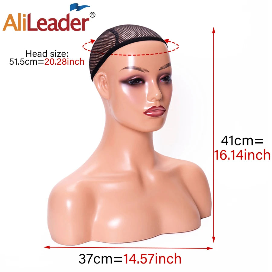 Female Mannequin Head With Shoulder Manikin Head Bust Wig Head Stand With Makeup For Wigs Display Necklace Free Earrings,Wig Cap