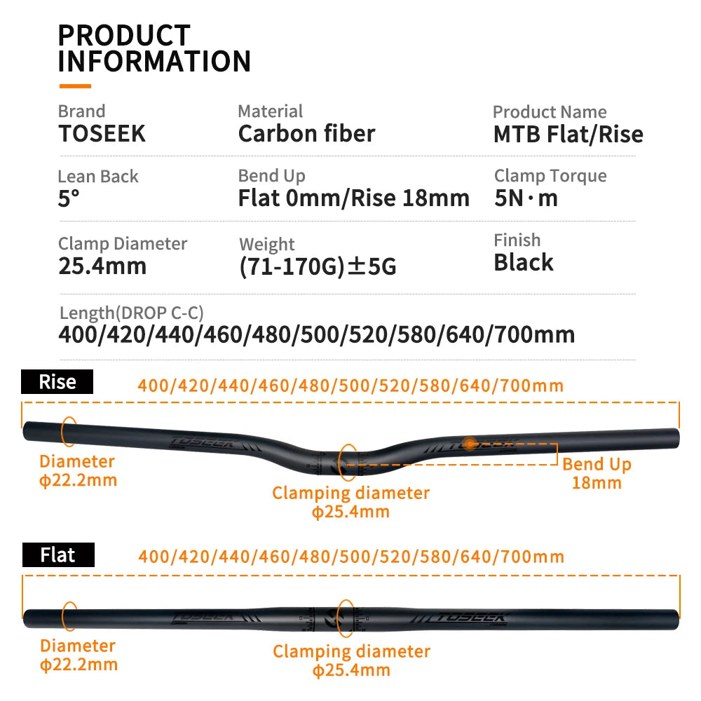 TOSEEK Full Carbon Handlebar 25.4mm Folding Bike Horizontal Handle Bar 400-700MM Matt Black Ultralight Bicycle Straight Handleba