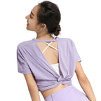 Women's Backless Crop Top Short Sleeve Nylon Workout Yoga Gym Shirt, Black Green Pink Purple S-XL