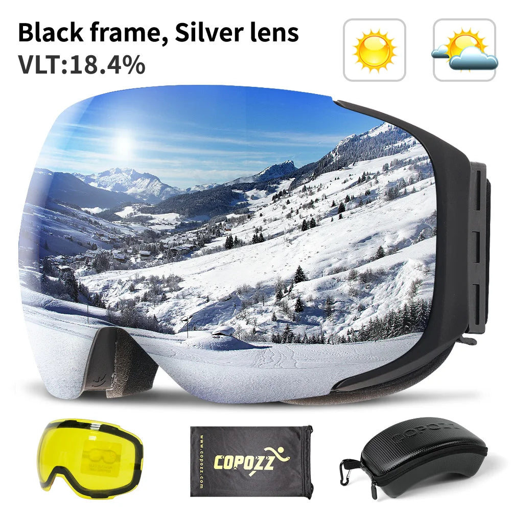 COPOZZ Magnetic Ski Goggles with Quick-Change Lens and Case Set 100% UV400 Protection Anti-fog Snowboard Goggles for Men & Women
