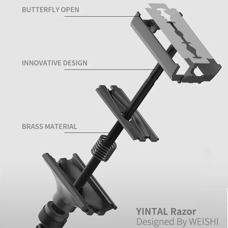 YINTAL Adjustable Butterfly Open Double Edge Safety Razor Set Matte BLACK Brass Razors 1 Razor 1 Base 5 Blades