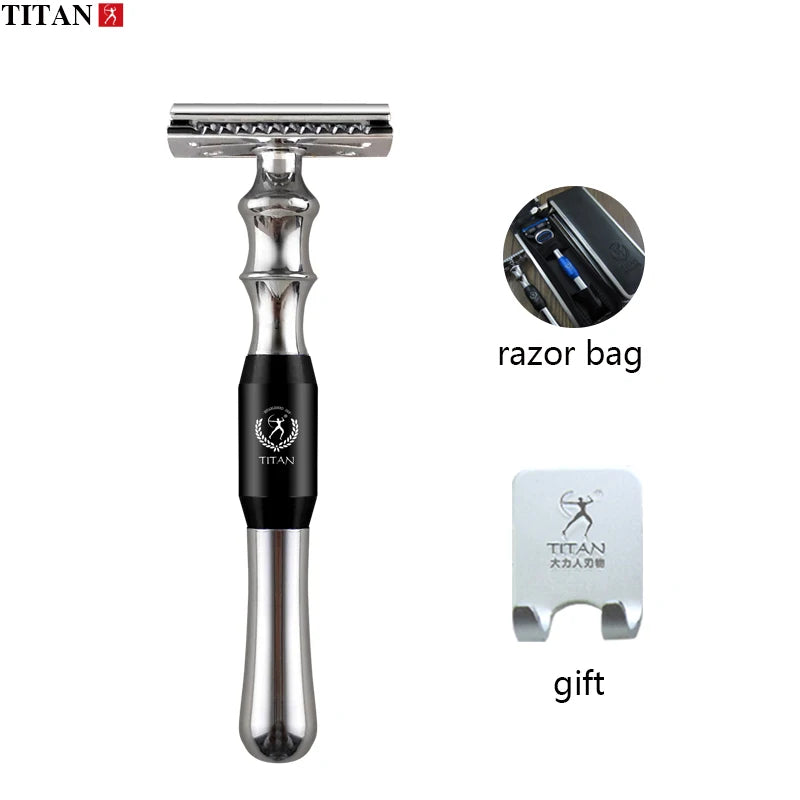 Titan Safety Razor for Men, Metal Handle, Replaceable Blade, Black/Blue/Silver