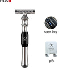 Titan Safety Razor for Men, Metal Handle, Replaceable Blade, Black/Blue/Silver