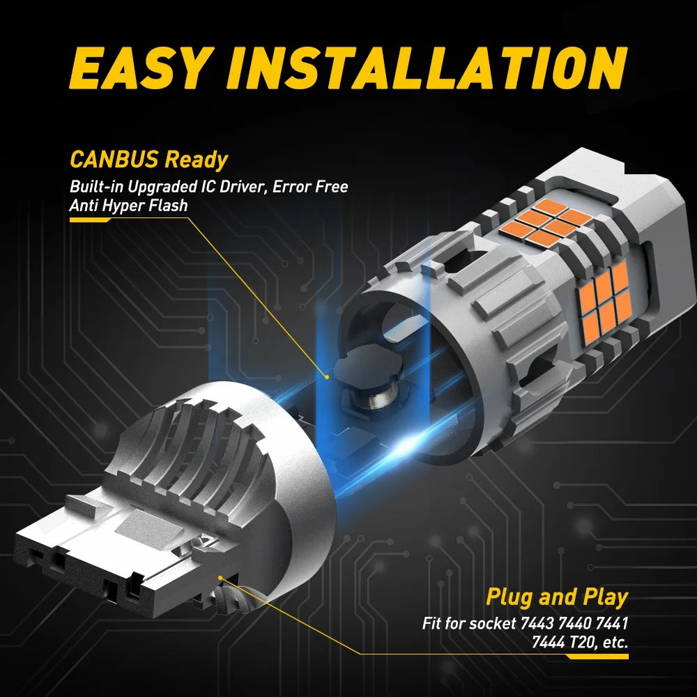 AUXITO 2pcs No Hyper Flash T20 W21W WY21W 7440 7440NA LED Turn Signal Light Bulbs Canbus Error Free Car Lamp Amber