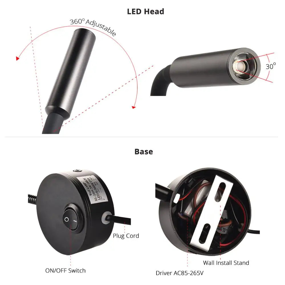 2pcs светильн Hotel Bedside Working Study Reading Wall Lamp sconces 3W Book Lamp Night light fixtures Spot LED EU US Plug Cord